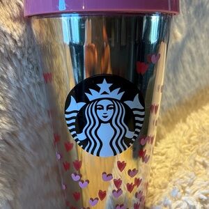 Starbucks Black Tumbler with Pink Hearts and Lid